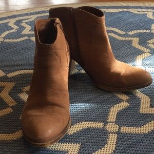 Lucky Brand caramel colored stacked heel booties.